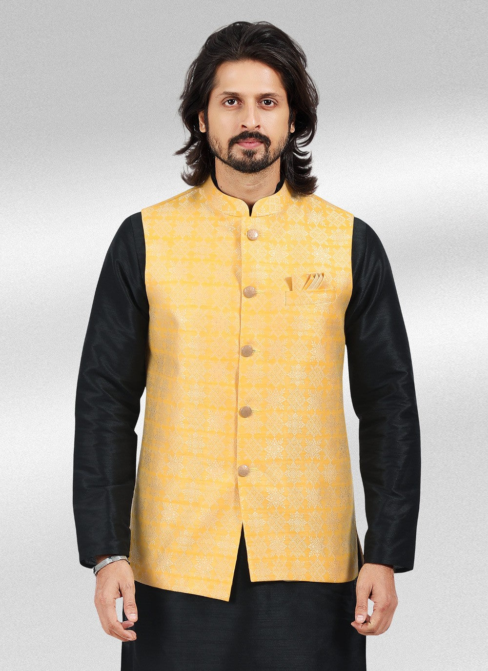 Fancy Work Banarasi Jacquard Black, Yellow Kurta Payjama With Jacket - M4598