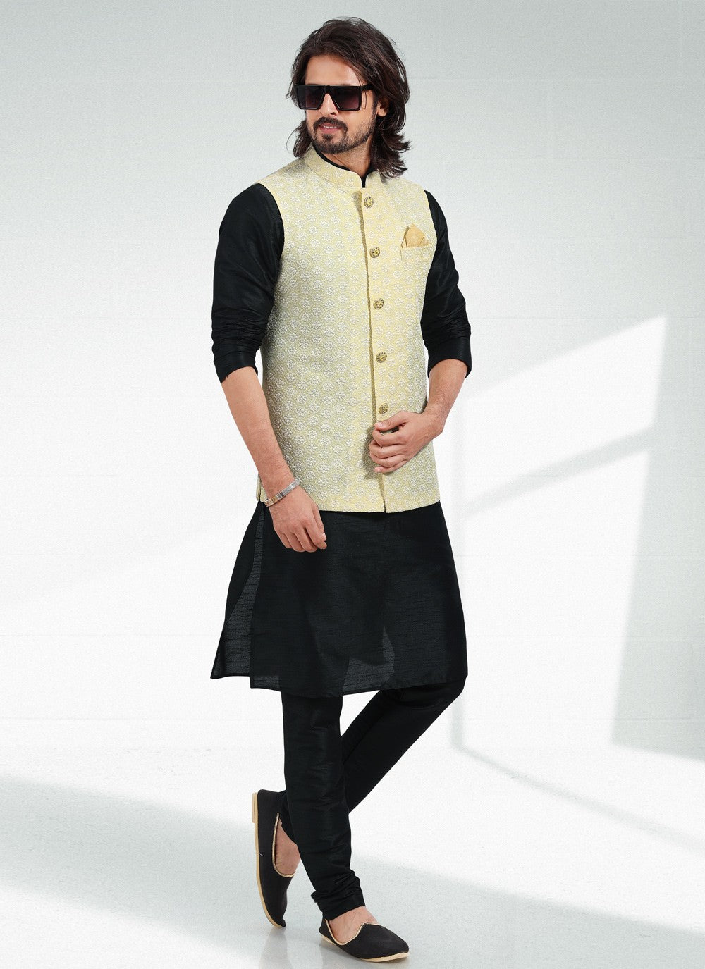 Thread Banarasi Silk Black, Yellow Kurta Payjama With Jacket - M4612