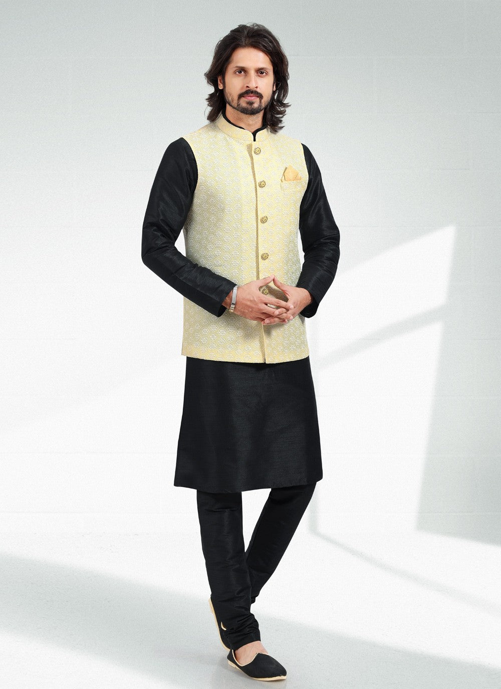 Thread Banarasi Silk Black, Yellow Kurta Payjama With Jacket - M4612