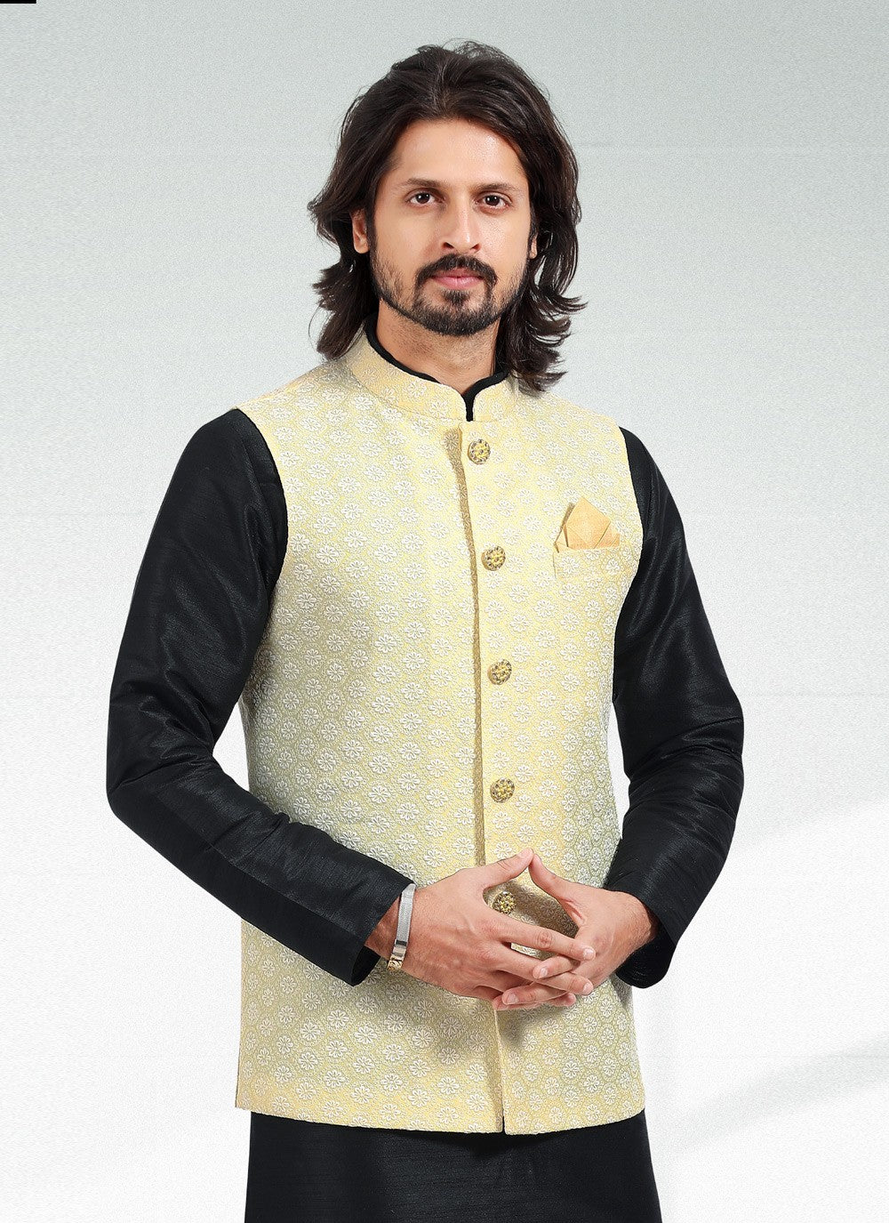 Thread Banarasi Silk Black, Yellow Kurta Payjama With Jacket - M4612