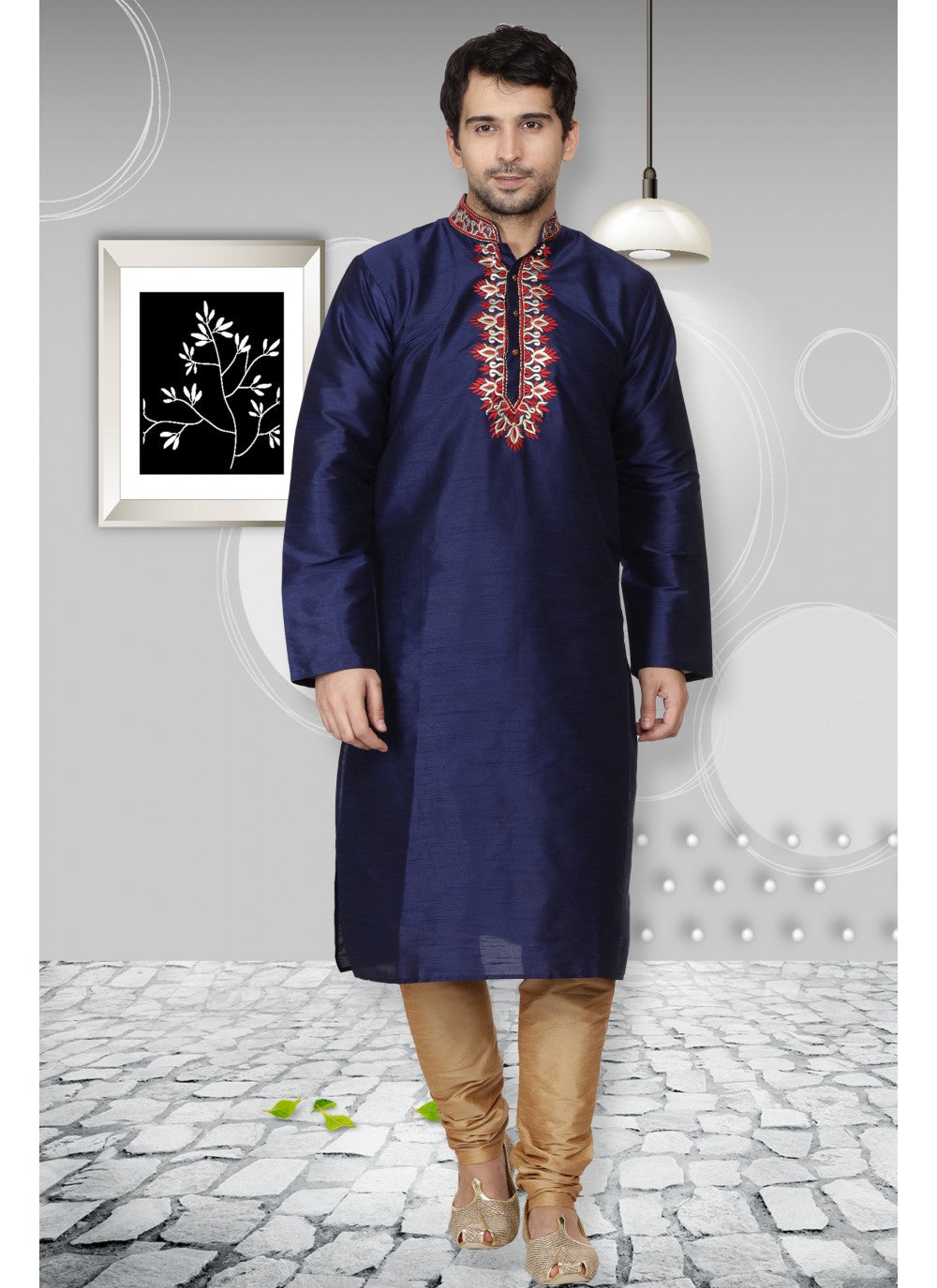 Embroidered Banarasi Silk Blue Kurta Pyjama - M1104