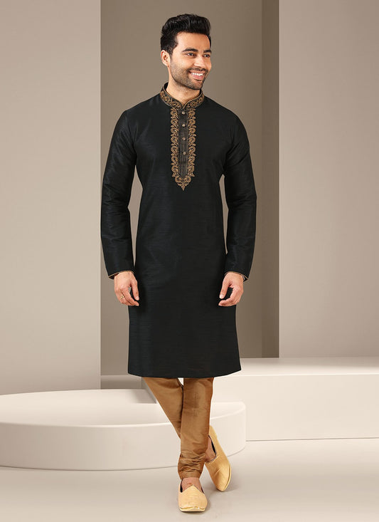 Embroidered Banarasi Silk Black Kurta Pyjama - M3245