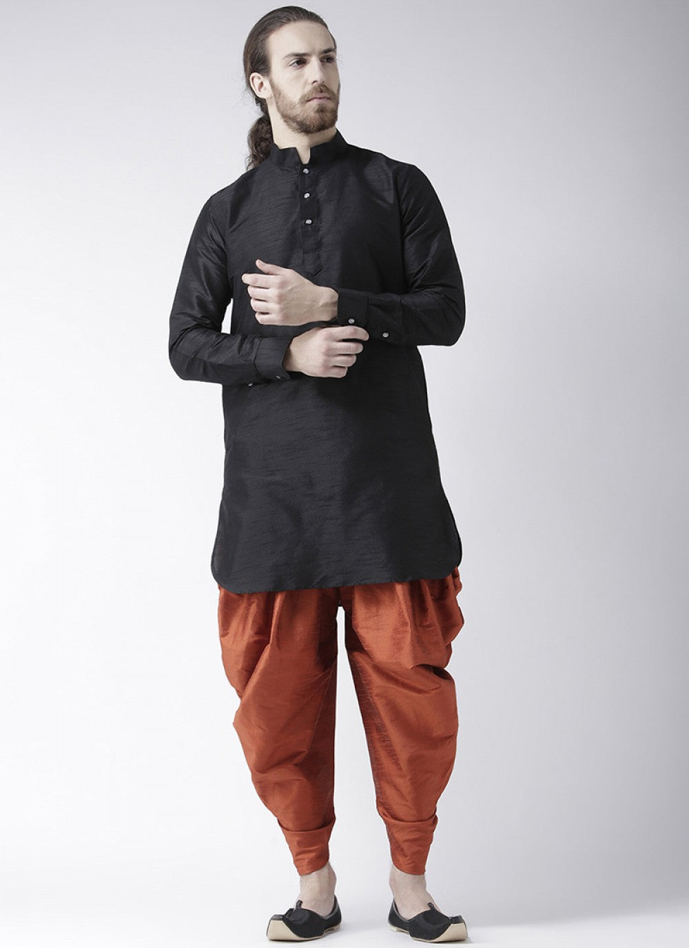 Plain Art Dupion Silk Black Dhoti Kurta - M1427