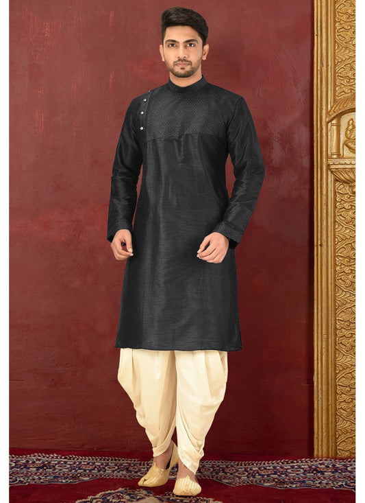 Plain Art Dupion Silk Black Dhoti Kurta - M1595