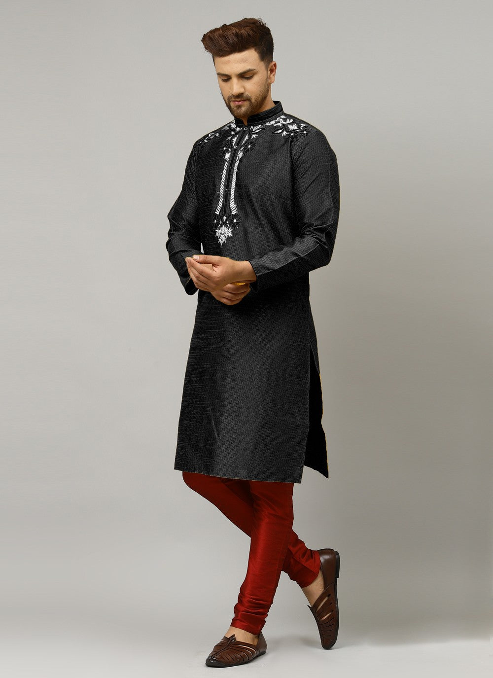 Embroidered Art Dupion Silk Black Kurta Pyjama - M4209