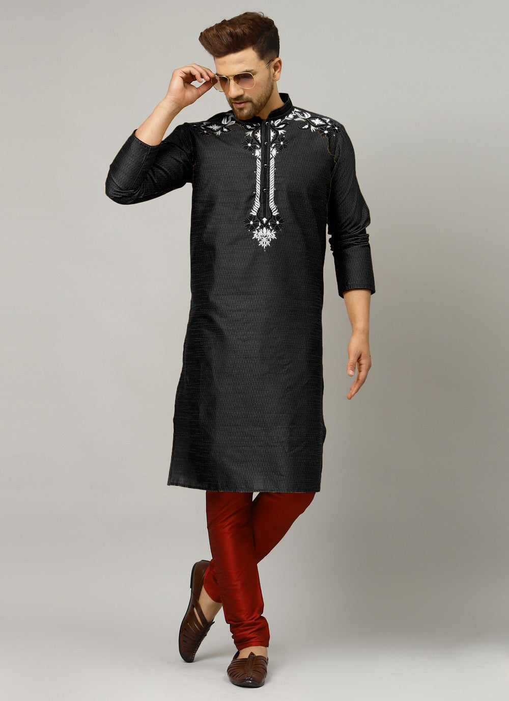 Embroidered Art Dupion Silk Black Kurta Pyjama - M4209