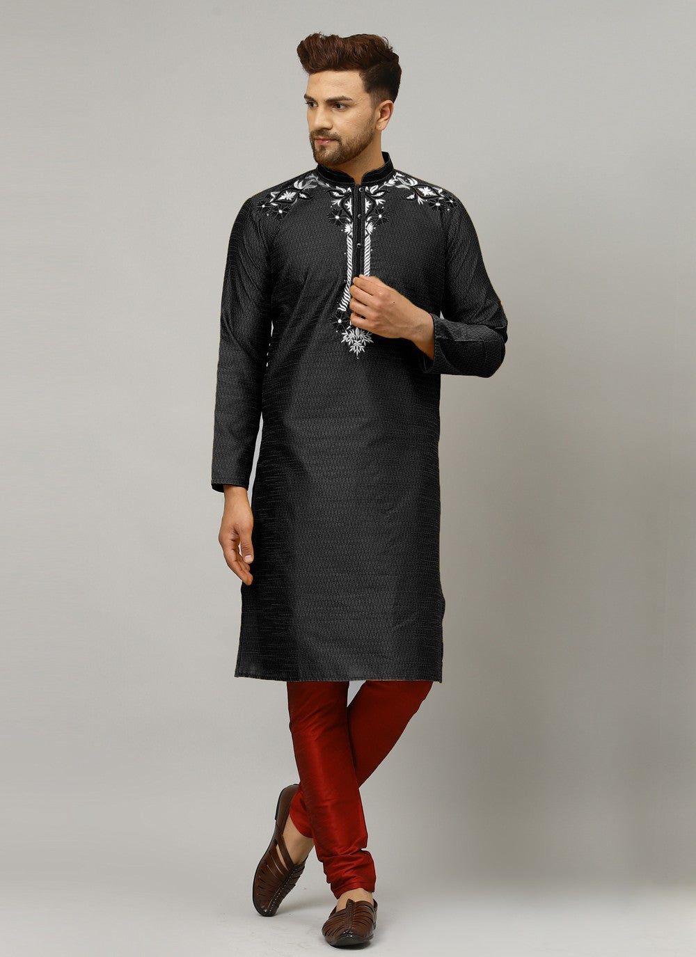 Embroidered Art Dupion Silk Black Kurta Pyjama - M4209