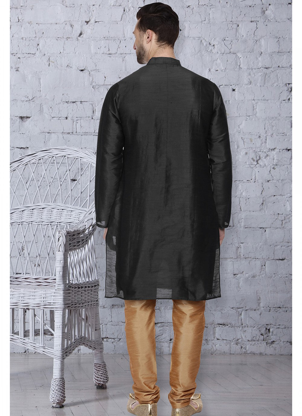 Embroidered Art Dupion Silk Black Kurta Pyjama - M1509