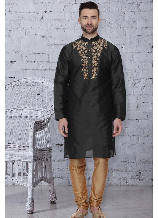 Embroidered Art Dupion Silk Black Kurta Pyjama - M1509