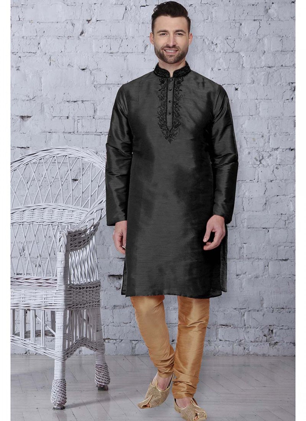 Embroidered Art Dupion Silk Black Kurta Pyjama - M1531