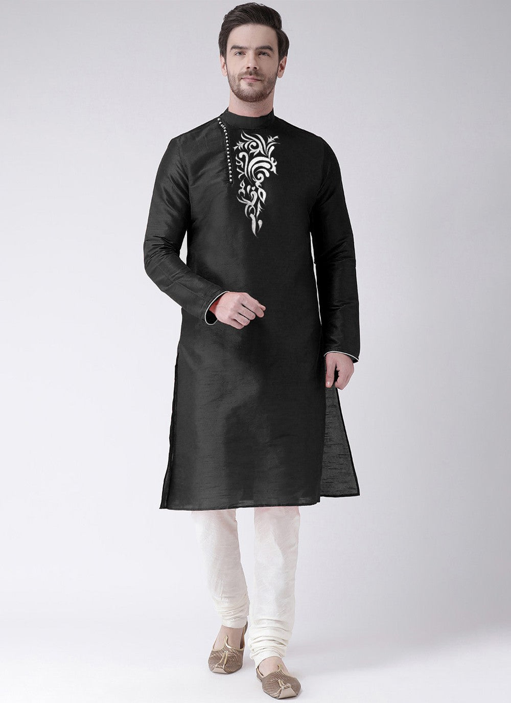 Embroidered Art Dupion Silk Black Kurta Pyjama - M4213