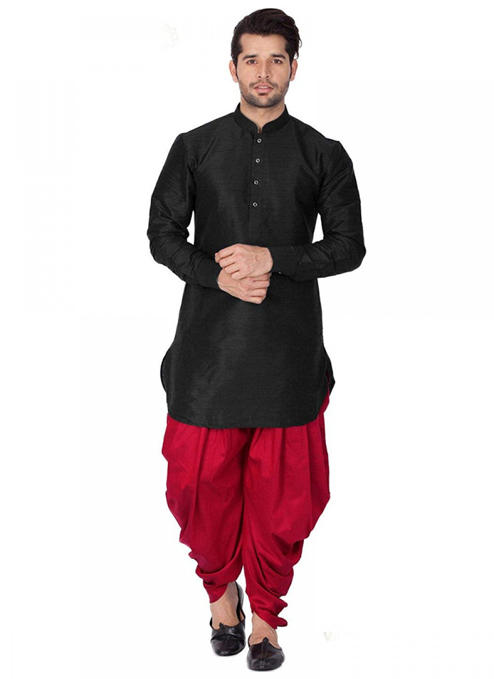 Plain Art Dupion Silk Black Kurta Pyjama - M1134