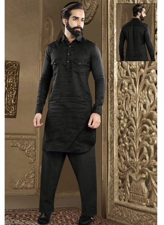 Plain Art Dupion Silk Black Kurta Pyjama - M1373