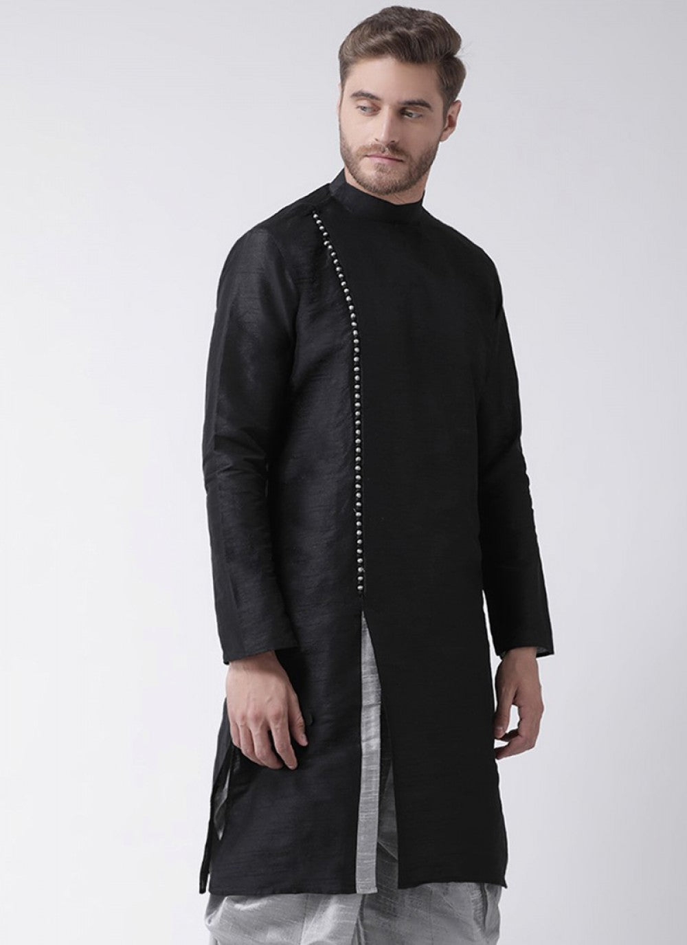 Plain Art Dupion Silk Black Kurta - M1336