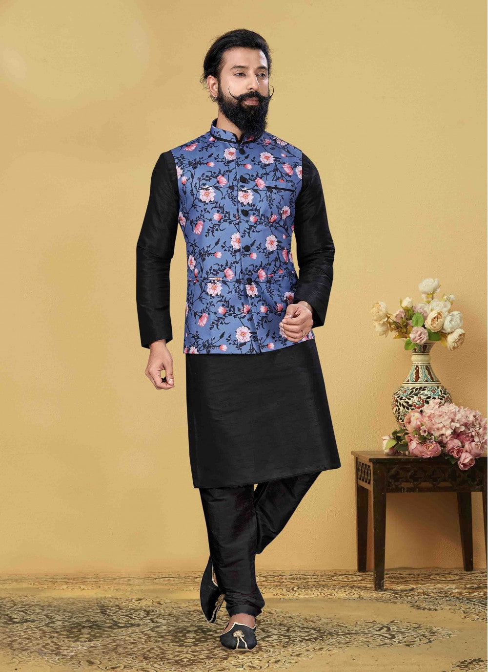 Printed Art Dupion Silk Black Kurta Payjama With Jacket - M1728