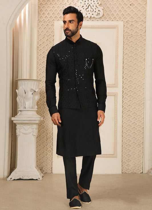 Embroidered Art Silk Black Kurta Payjama With Jacket - M4275