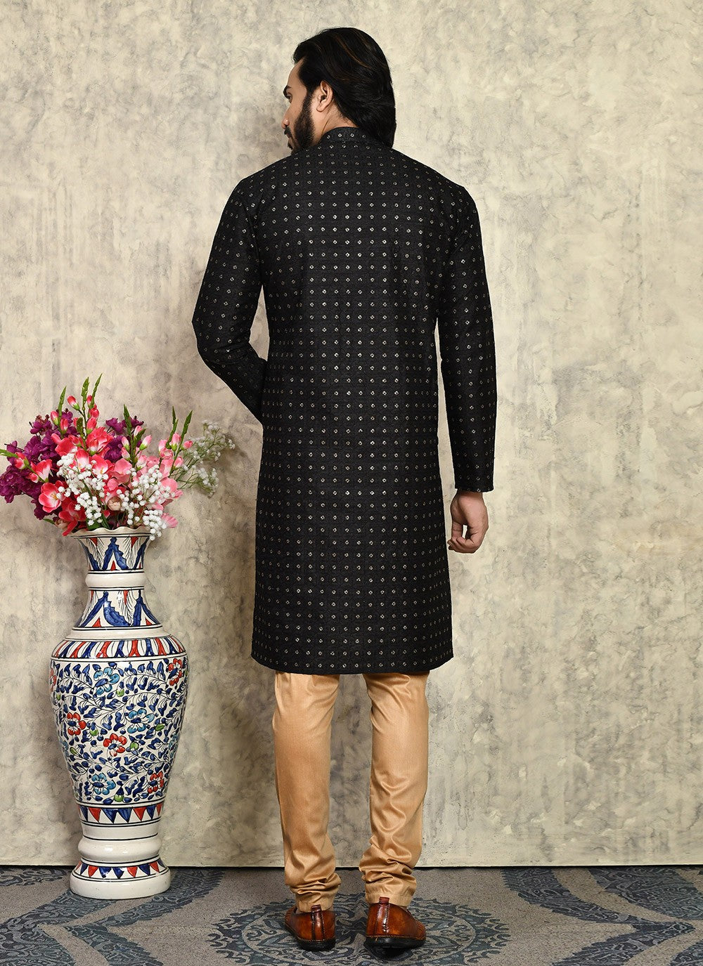 Fancy Work Art Silk Black Kurta Pyjama - M7948