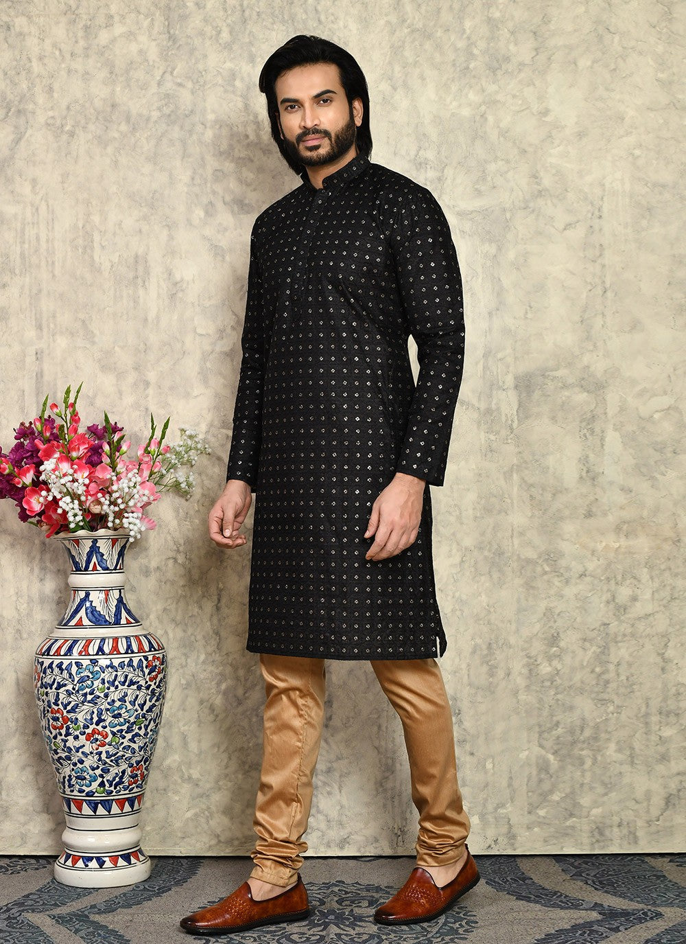 Fancy Work Art Silk Black Kurta Pyjama - M7948