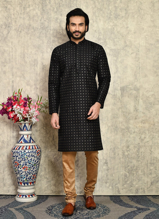 Fancy Work Art Silk Black Kurta Pyjama - M7948