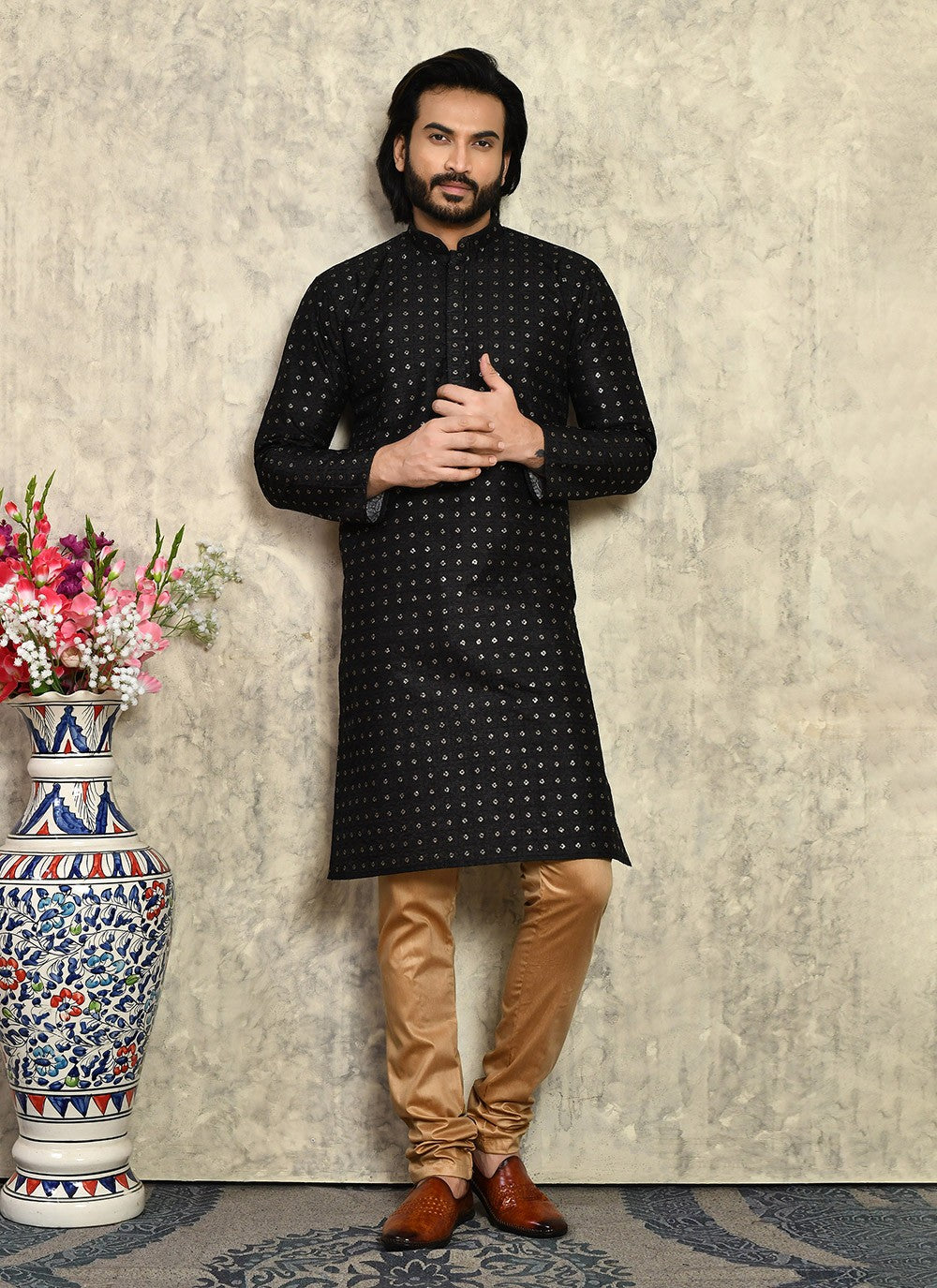 Fancy Work Art Silk Black Kurta Pyjama - M7948