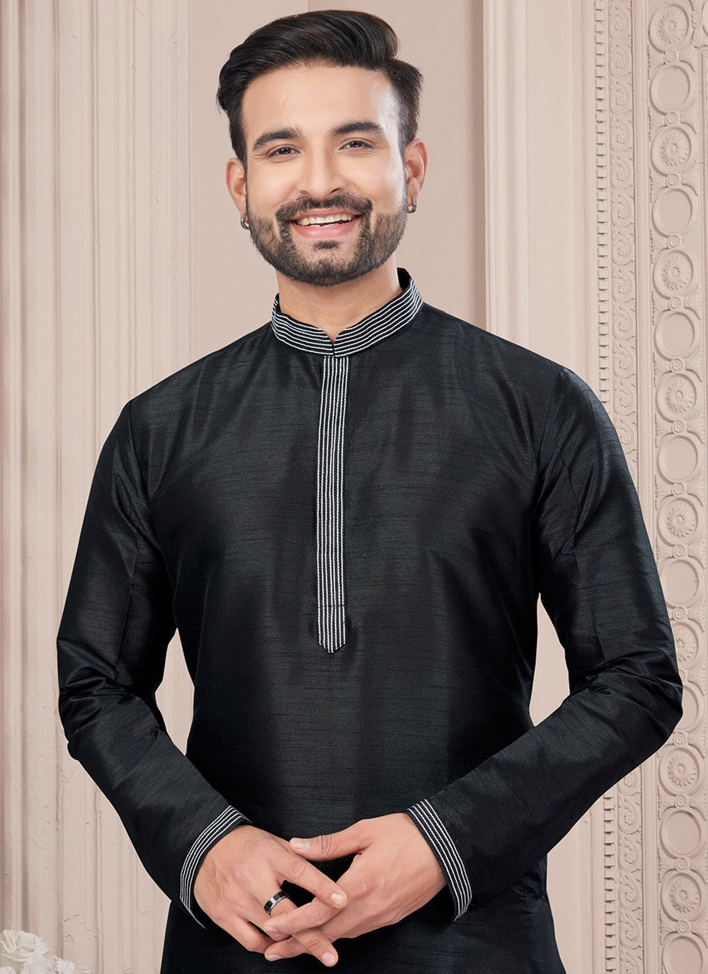 Thread Art Silk Black Kurta Pyjama - M8717