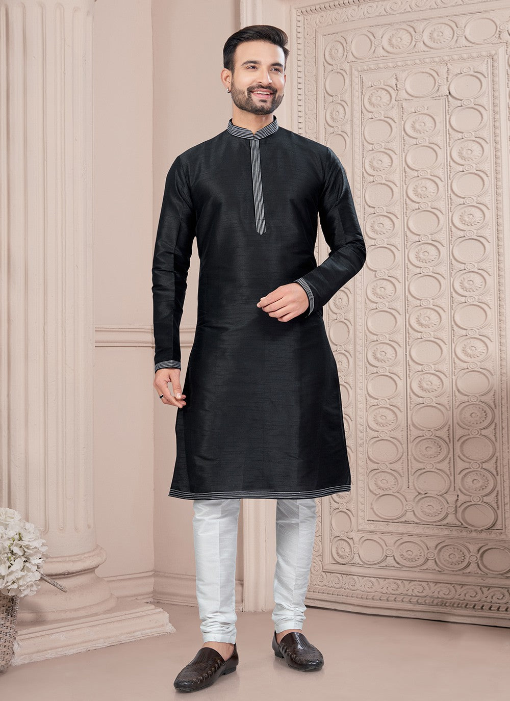 Thread Art Silk Black Kurta Pyjama - M8717