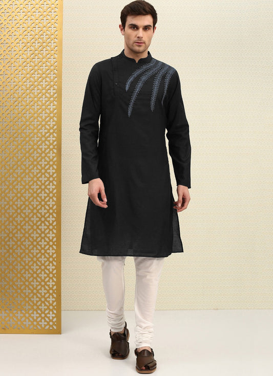 Embroidered Blended Cotton Black Kurta Pyjama - M4499