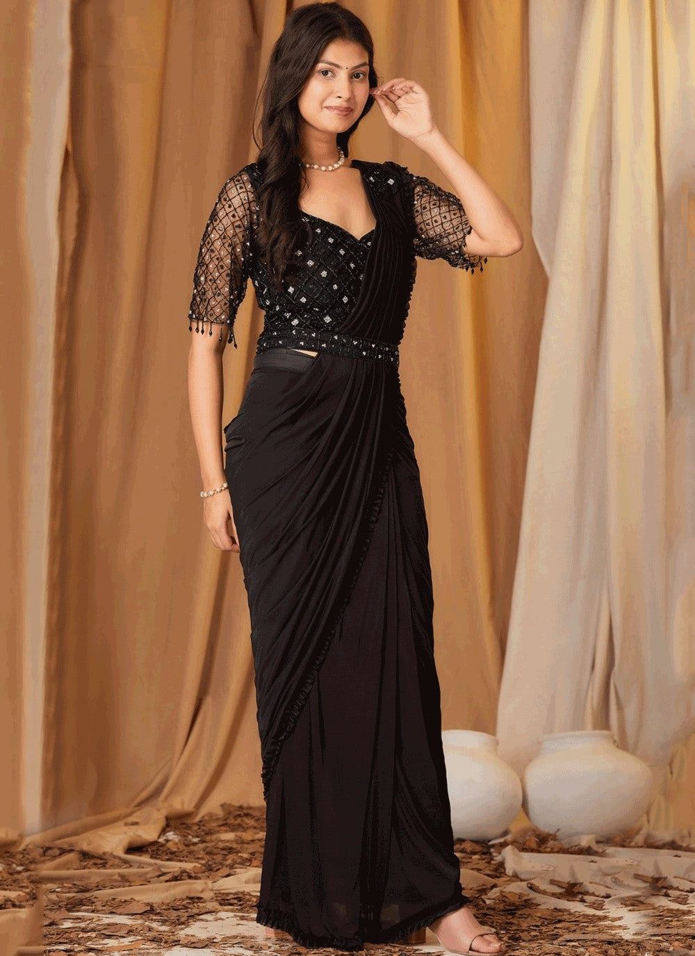 Contemporary Border Work Imported Black Saree - S10994