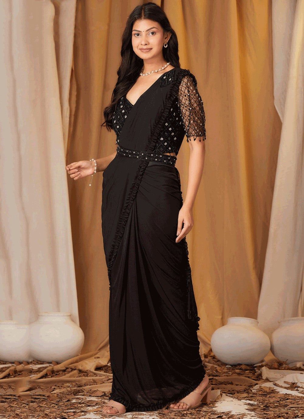 Contemporary Border Work Imported Black Saree - S10994