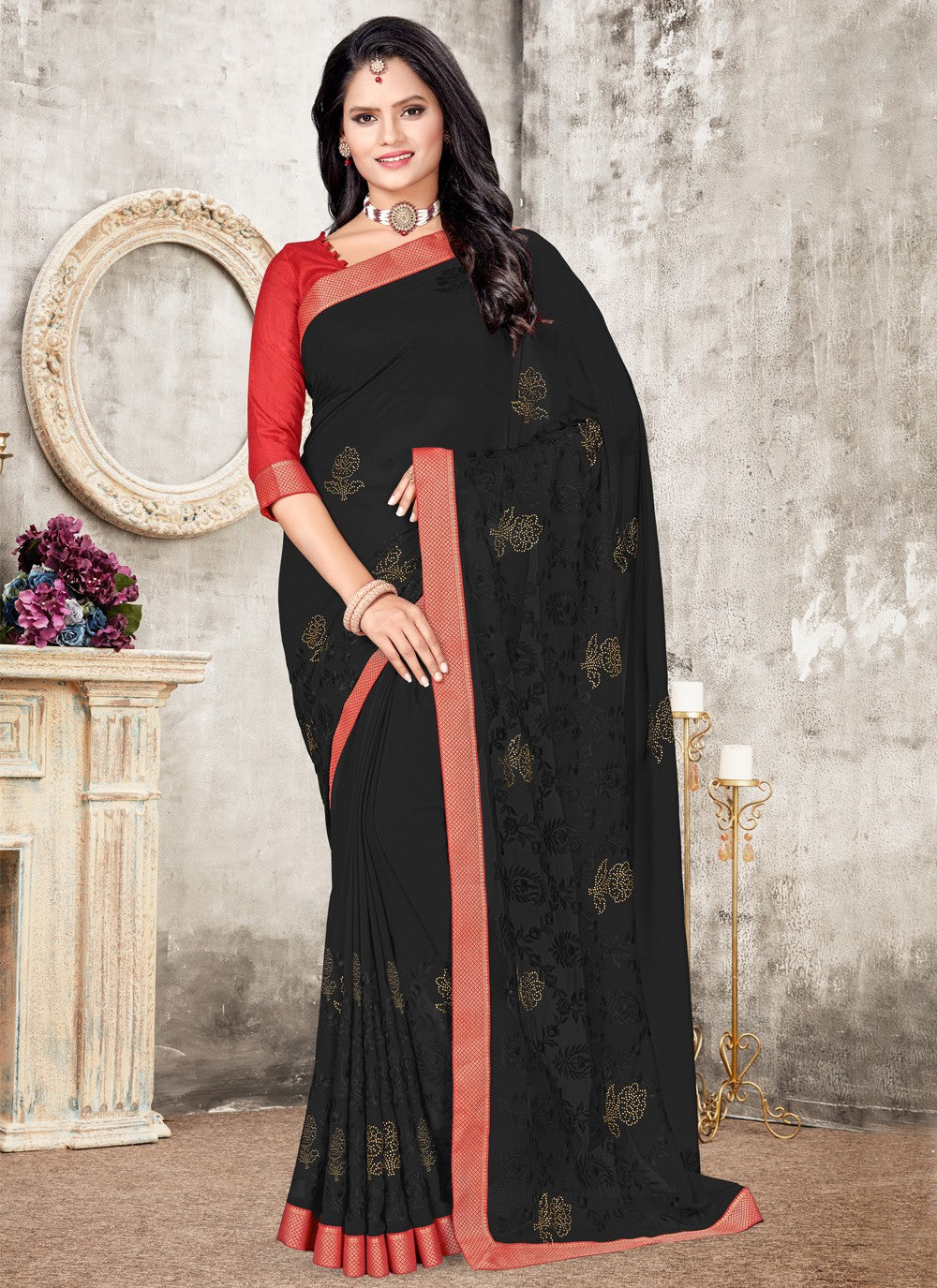 Classic Embroidered Faux Georgette Saree - S0566