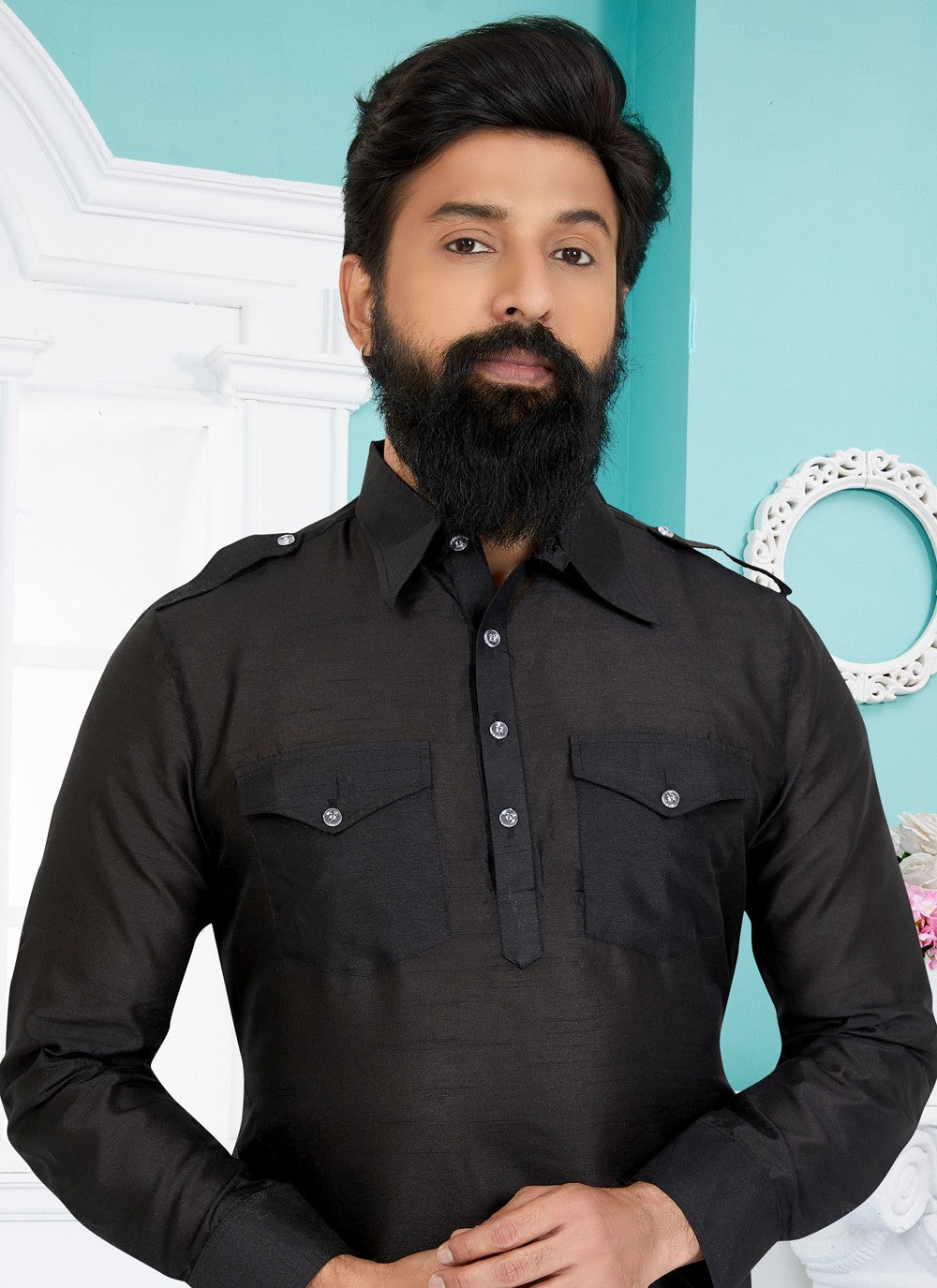 Plain Dupion Silk Black Kurta Pyjama - M5025