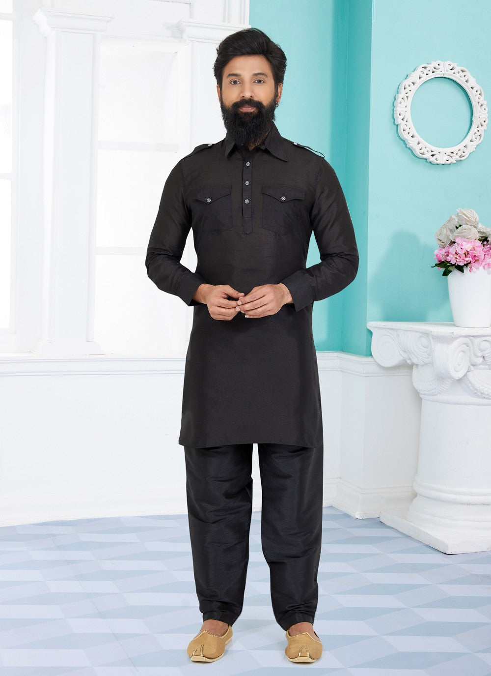 Plain Dupion Silk Black Kurta Pyjama - M5025