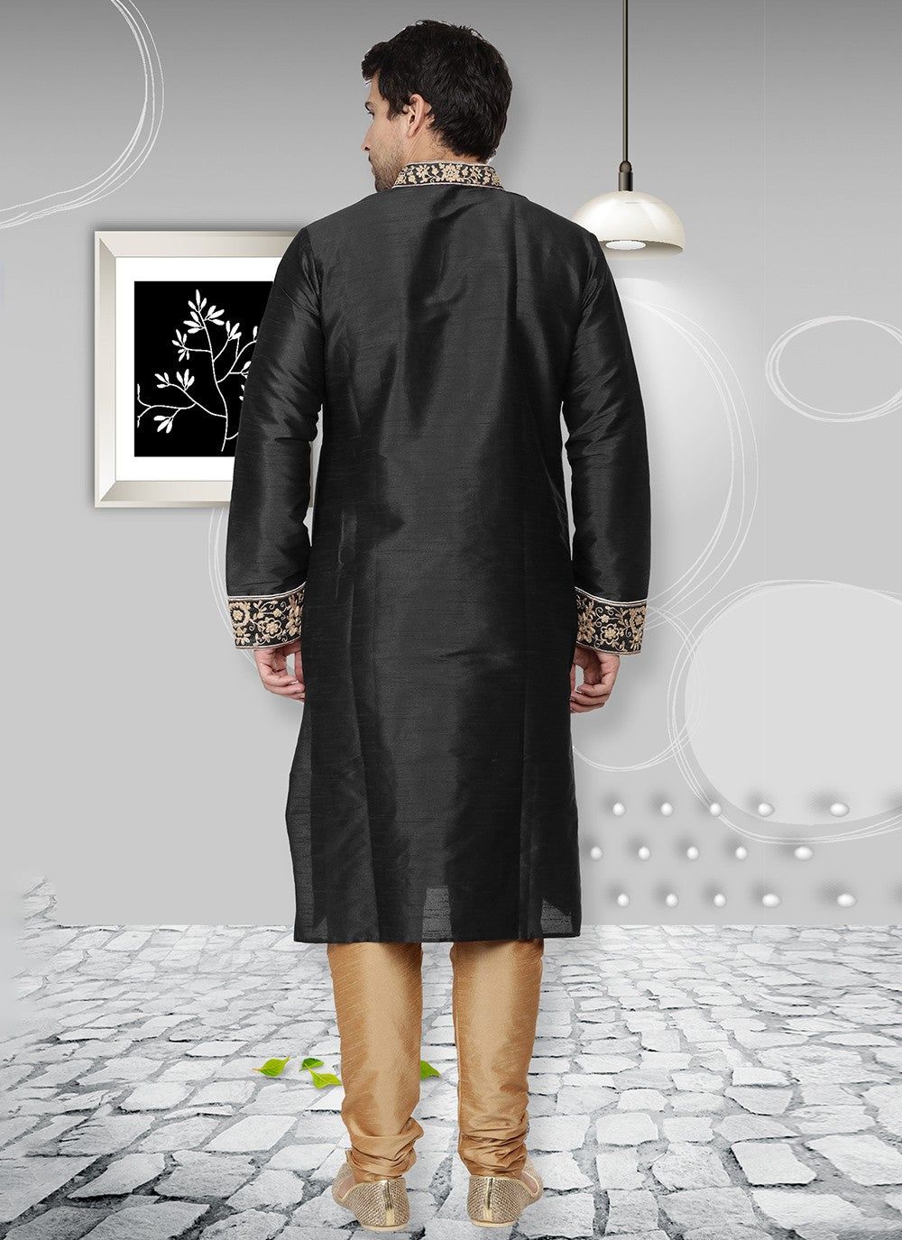 Embroidered Dupion Silk Black Kurta Pyjama - M6567