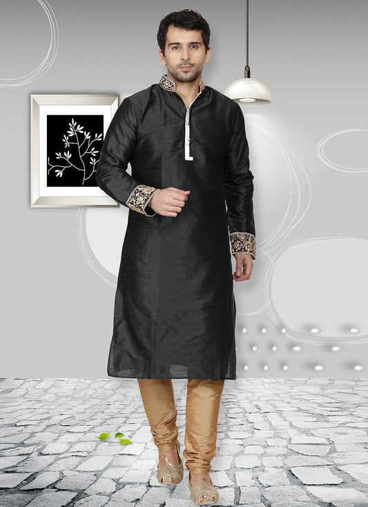 Embroidered Dupion Silk Black Kurta Pyjama - M6567