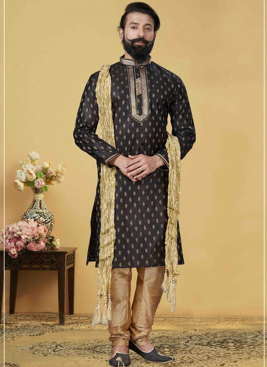 Embroidered Jacquard Silk Black Kurta Pyjama - M1740