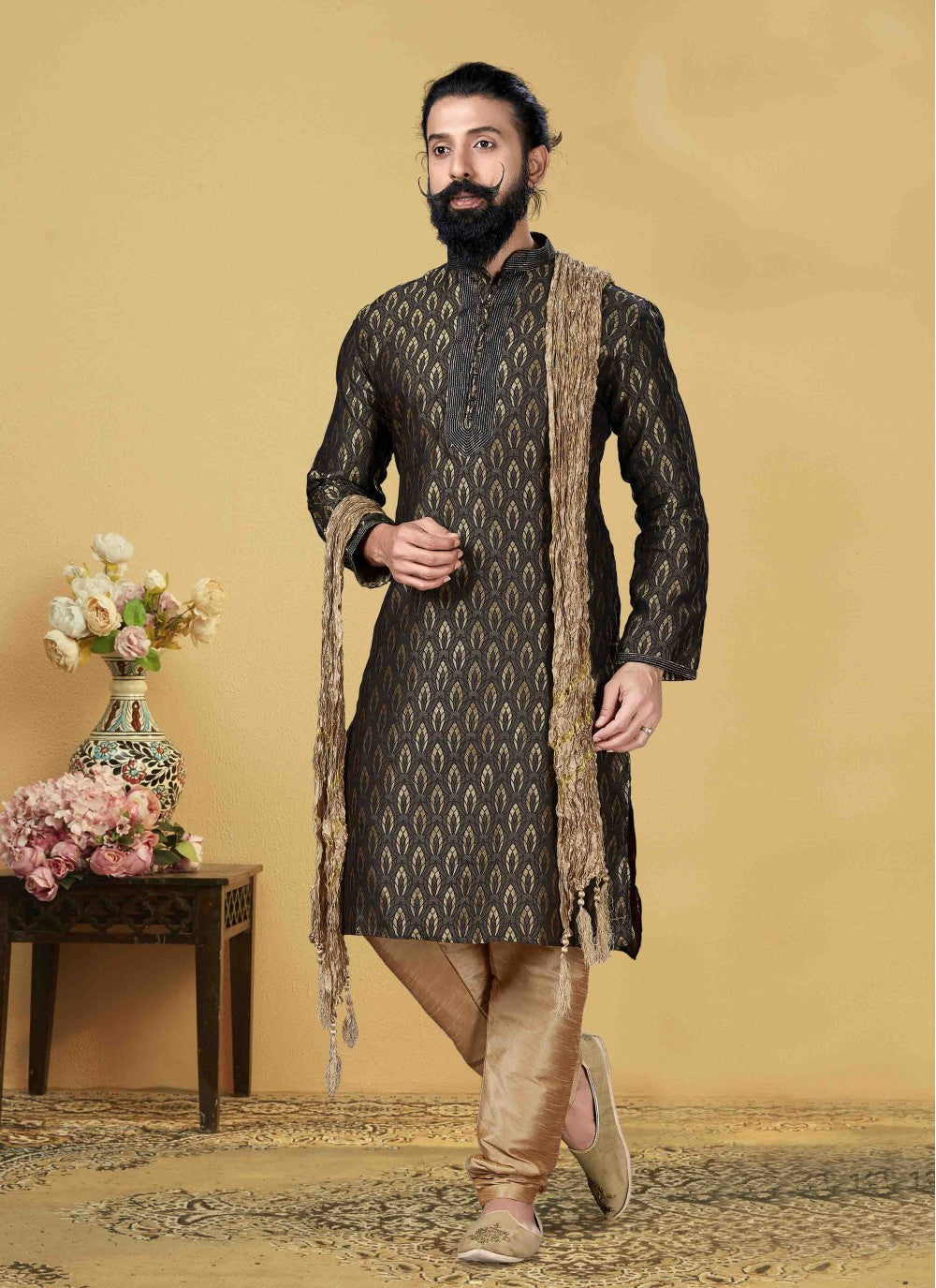 Embroidered Jacquard Silk Black Kurta Pyjama - M1847