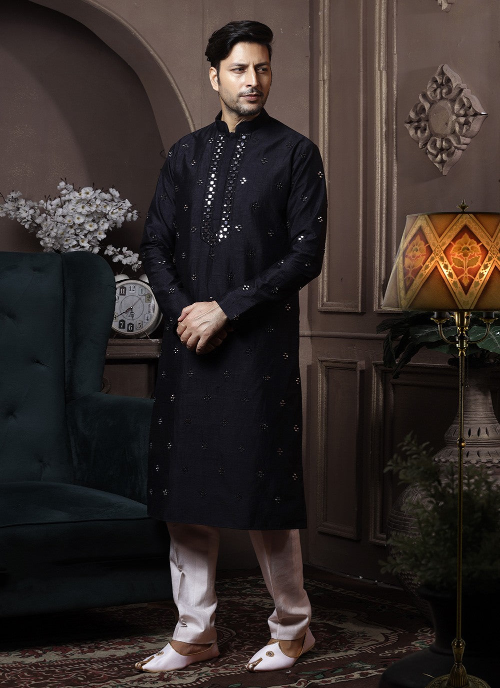 Embroidered Silk Black Kurta Pyjama - M3640