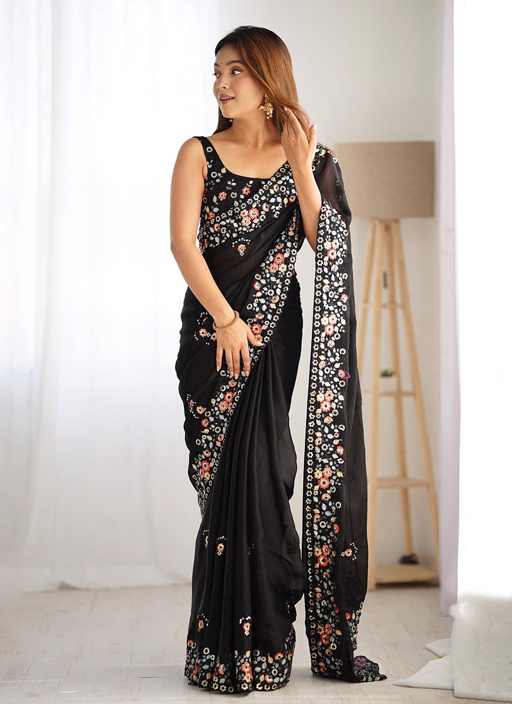 Embroidered, Sequins, Thread Chiffon Satin Saree - S11742