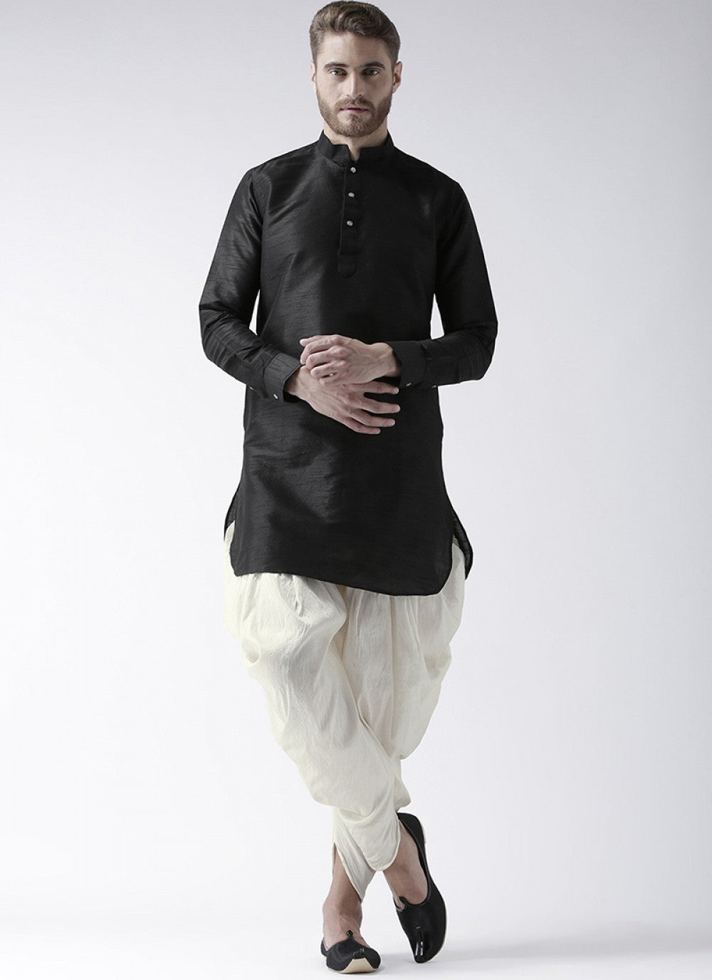 Plain Art Dupion Silk Black Dhoti Kurta - M1431