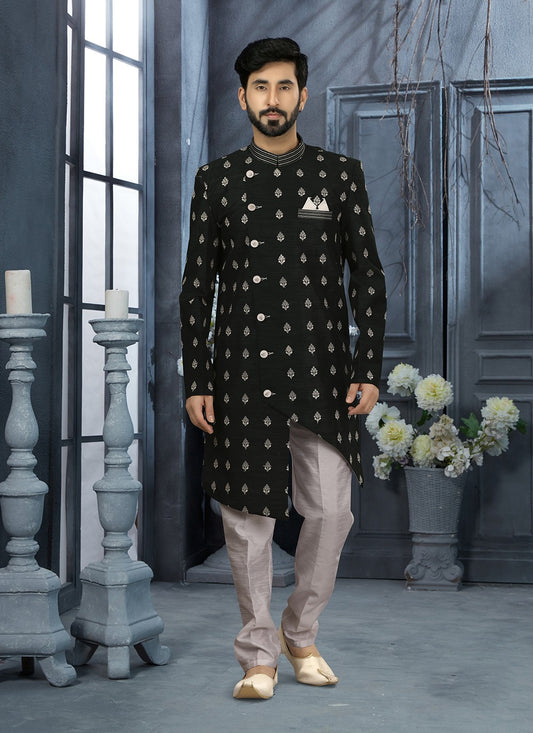 Machine Embroidery Jacquard Black Indo Western Sherwani - M2884