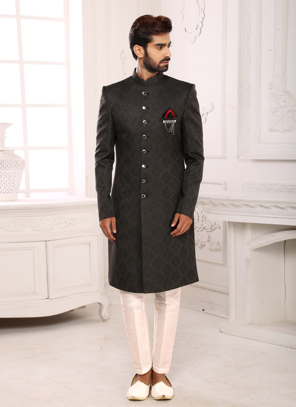 Jacquard Work Imported Black Indo Western Sherwani - M4008