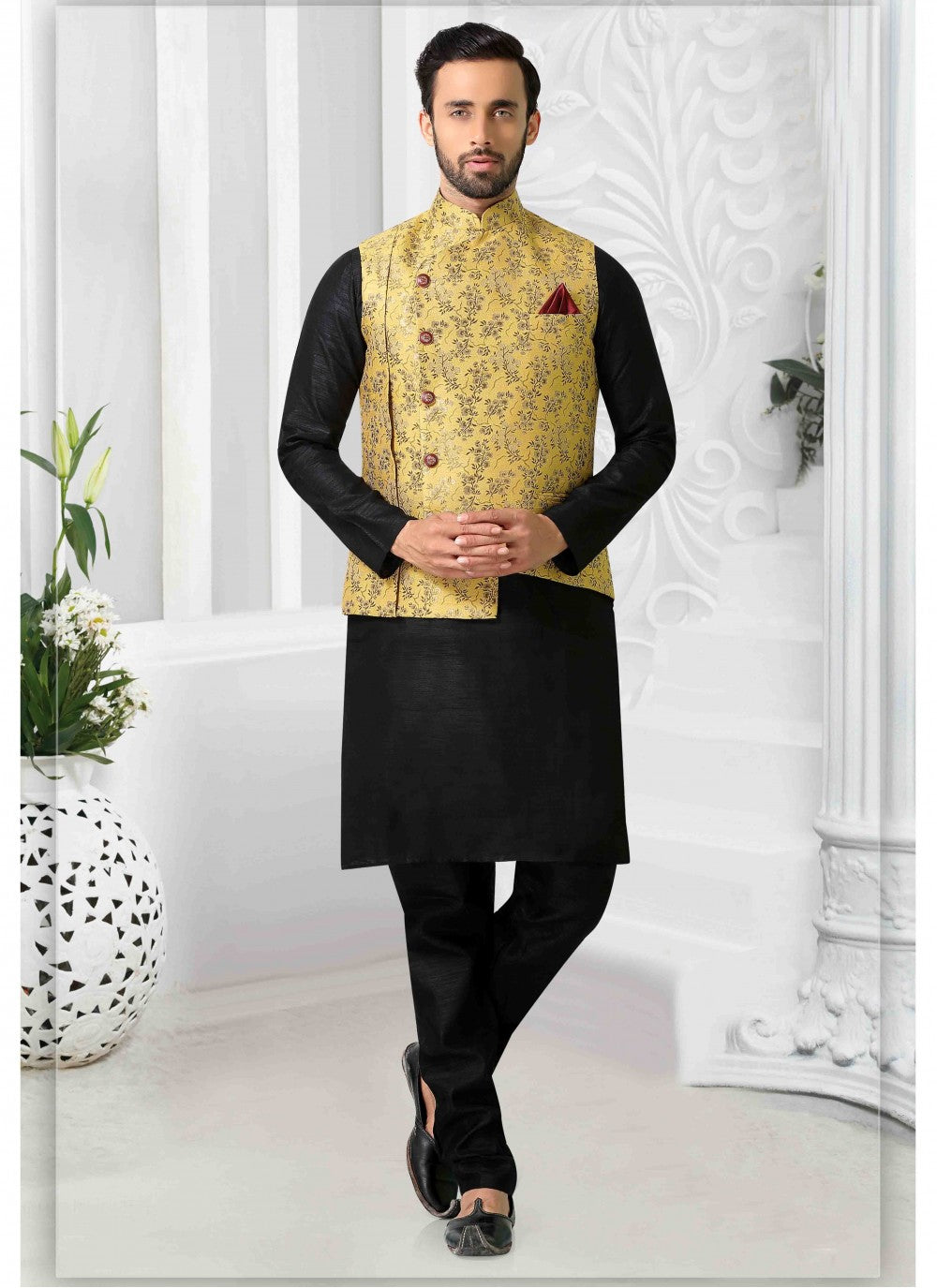 Weaving Zari Polly Cotton Black Kurta Payjama With Jacket - M1544