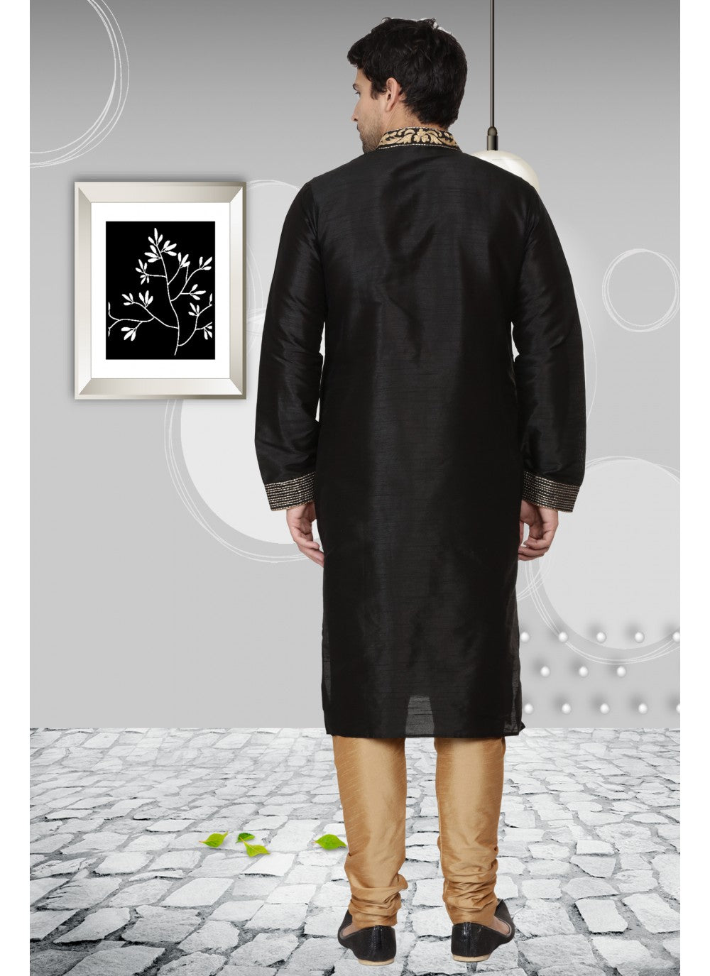 Embroidered Art Dupion Silk Black Kurta Pyjama - M1098