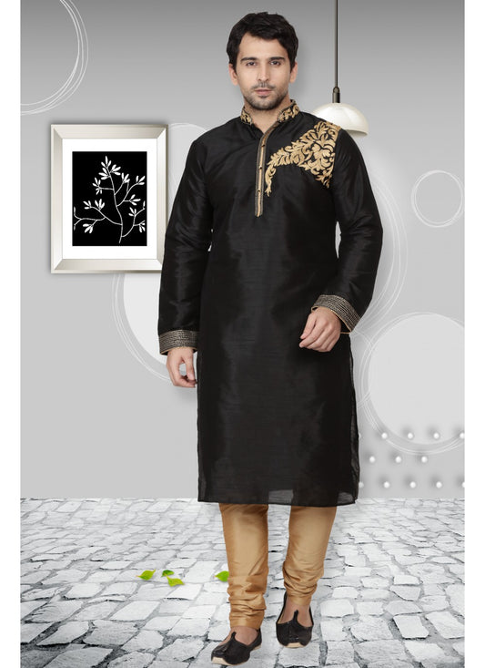 Embroidered Art Dupion Silk Black Kurta Pyjama - M1098