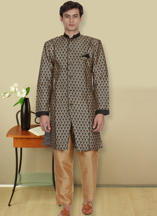 Patch Art Dupion Silk Black Kurta Pyjama - M1133