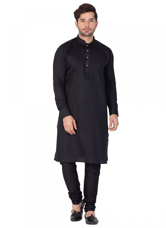 Plain Art Dupion Silk Black Kurta Pyjama - M1136