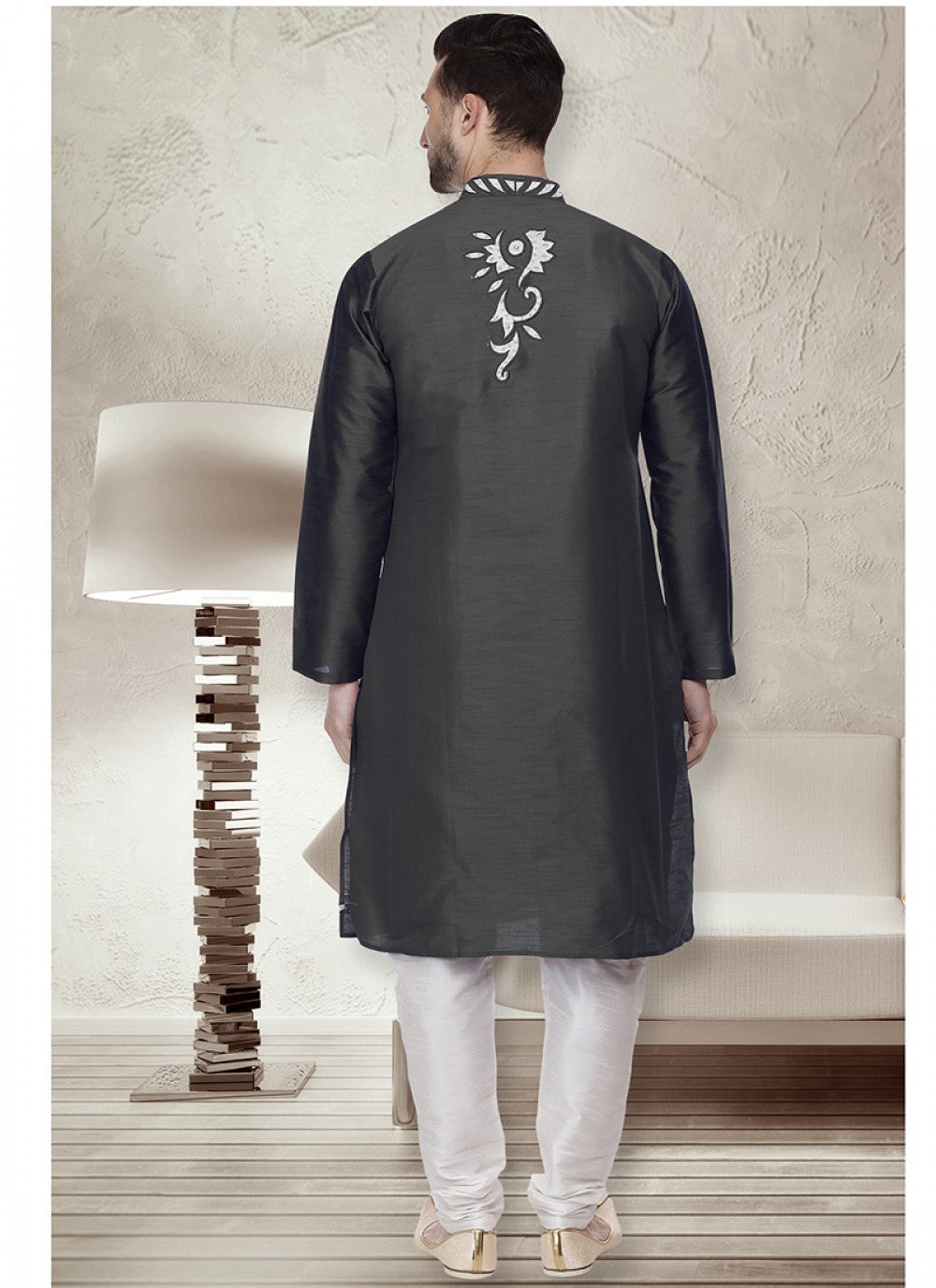 Embroidered Art Dupion Silk Black Kurta Pyjama - M1511