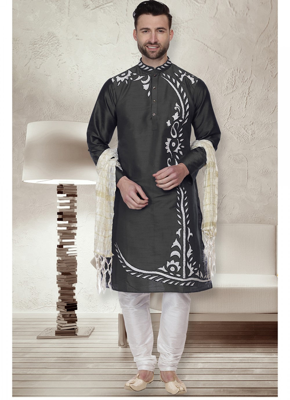 Embroidered Art Dupion Silk Black Kurta Pyjama - M1511