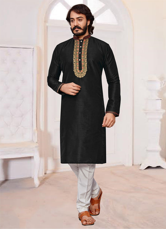 Embroidered Art Silk Black Kurta Pyjama - M2056