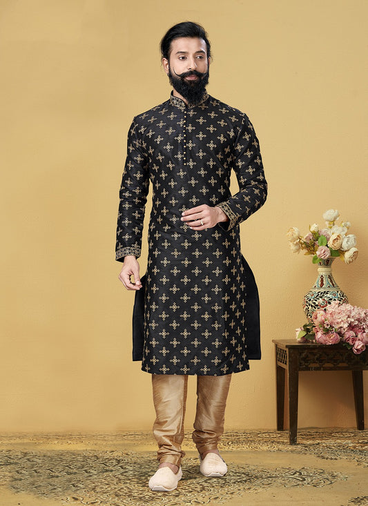 Embroidered Dupion Silk Black Kurta Pyjama - M2058